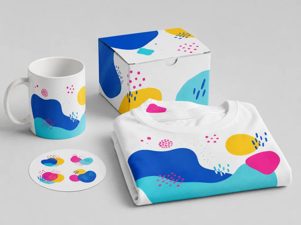 Printed mug, T-shirt, gift box, and sticker merchandise sample